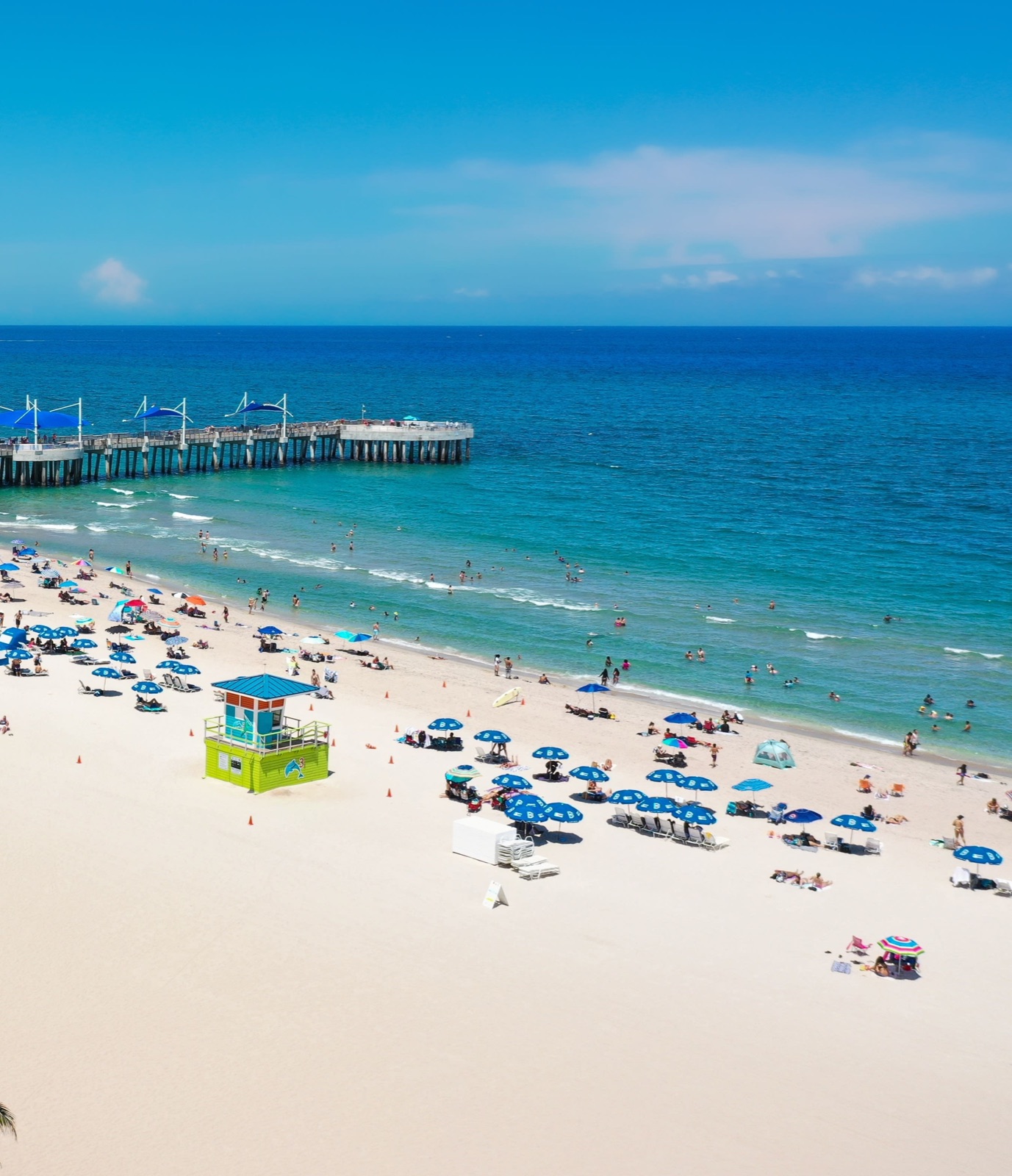 Aerial of Pompano Beach pier and beachgoers, Pompano Beach, FL