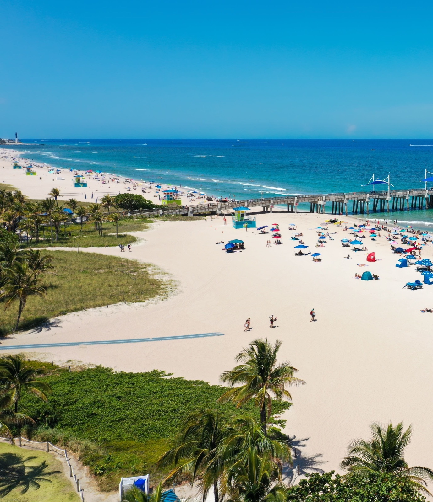Aerial view of Pompano Beach, the beachfront park and the fishing pier
