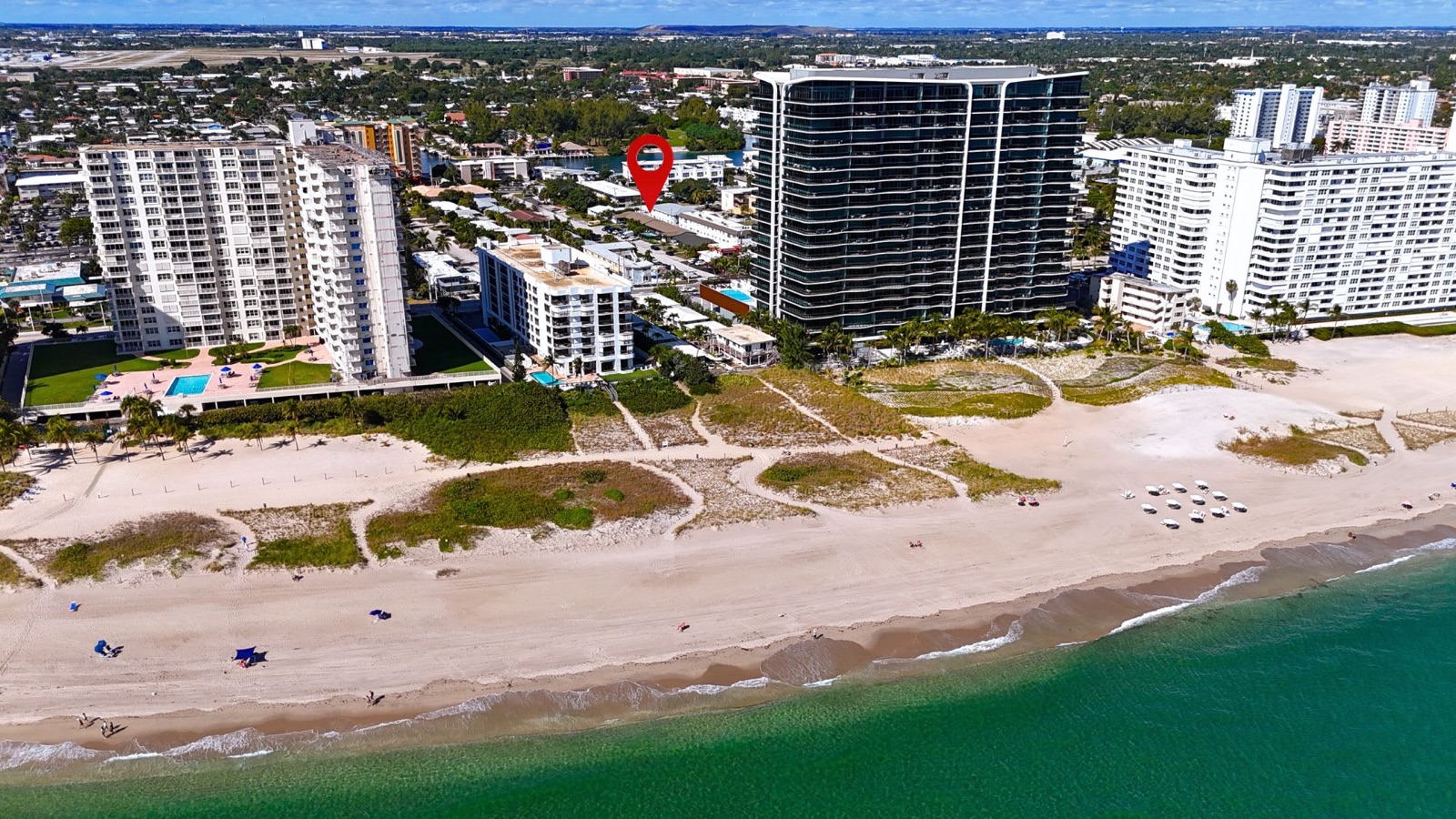 Aerial view of the Pompano Breeze location near the beachfront towers of Pompano Beach