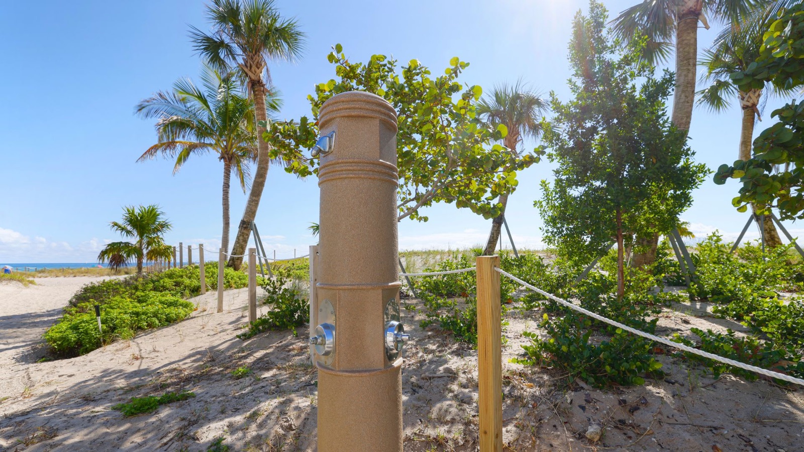 Beach shower post at dune path, Pompano Beach, FL