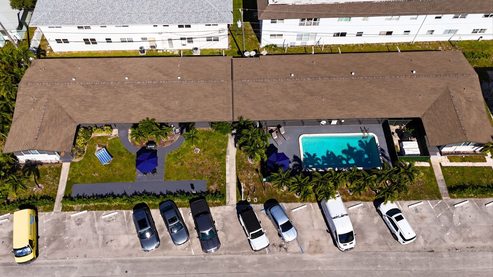 Top-down aerial of property and pool, Pompano Beach, FL